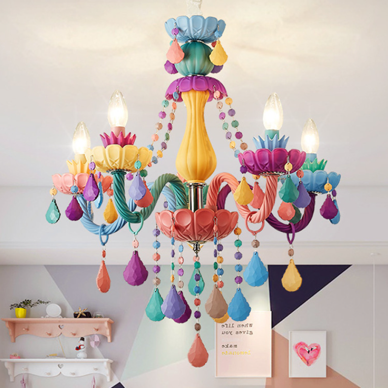 Contemporary Macron Candle Resin Iron Glass 5-Light Chandelier for Living Room