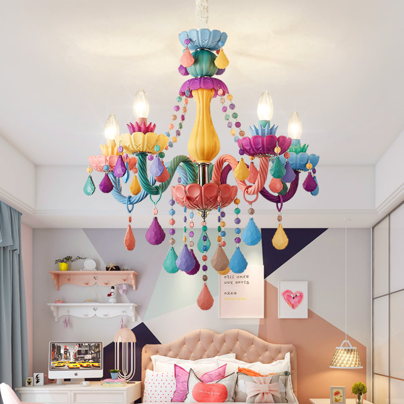 Contemporary Macron Candle Resin Iron Glass 5-Light Chandelier for Living Room