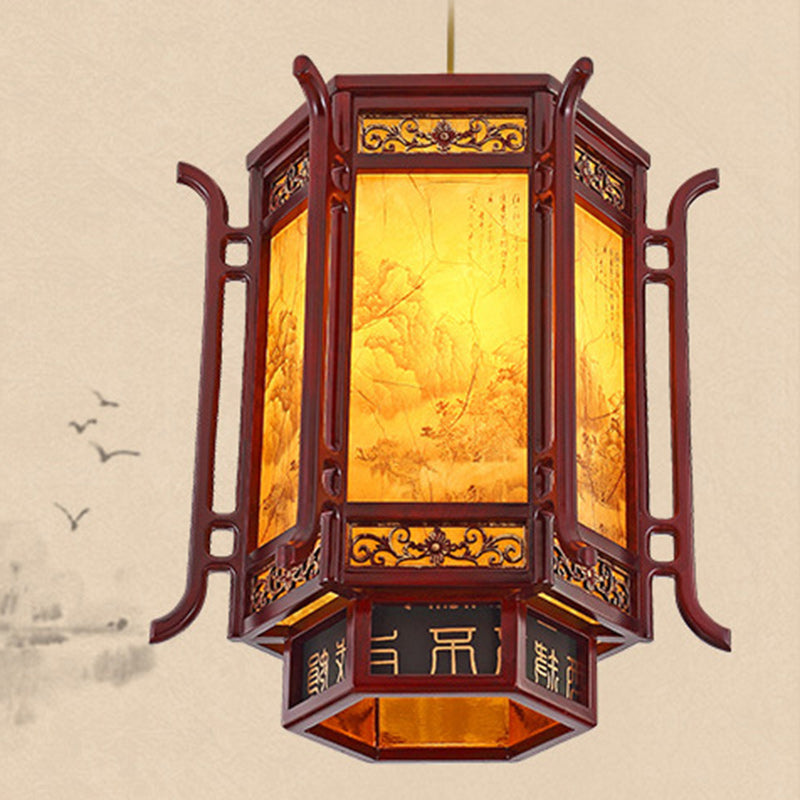 Traditional Chinese Lantern Pine Imitation Sheepskin Lampshade 1-Light Chandelier for Dining Room
