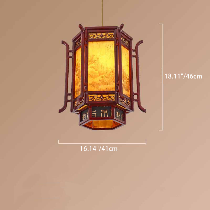 Traditional Chinese Lantern Pine Imitation Sheepskin Lampshade 1-Light Chandelier for Dining Room