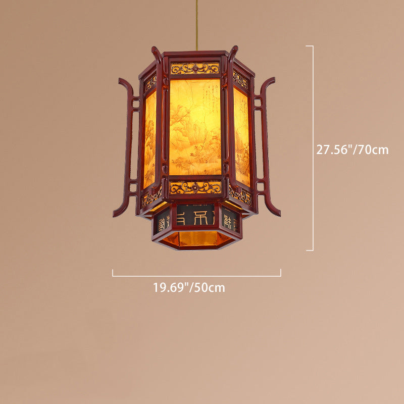 Traditional Chinese Lantern Pine Imitation Sheepskin Lampshade 1-Light Chandelier for Dining Room