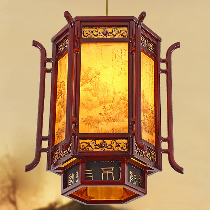 Traditional Chinese Lantern Pine Imitation Sheepskin Lampshade 1-Light Chandelier for Dining Room