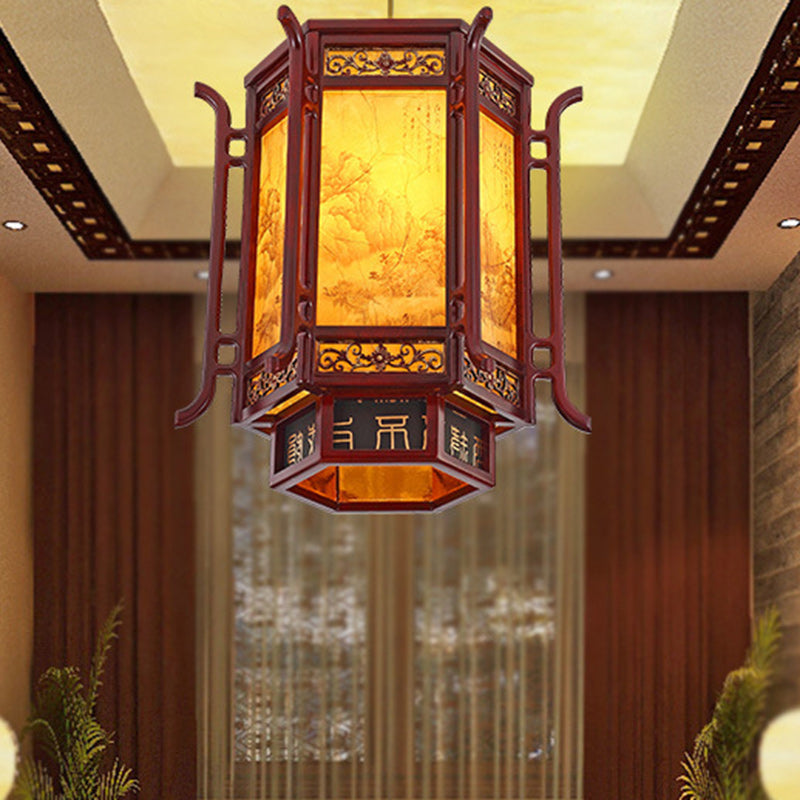 Traditional Chinese Lantern Pine Imitation Sheepskin Lampshade 1-Light Chandelier for Dining Room