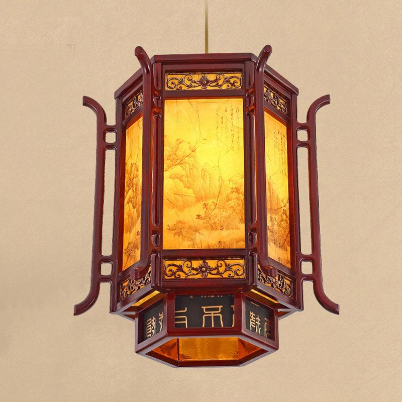 Traditional Chinese Lantern Pine Imitation Sheepskin Lampshade 1-Light Chandelier for Dining Room