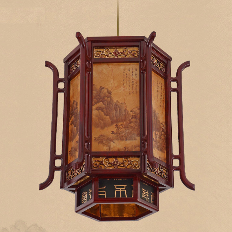Traditional Chinese Lantern Pine Imitation Sheepskin Lampshade 1-Light Chandelier for Dining Room