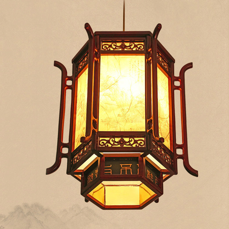 Traditional Chinese Lantern Pine Imitation Sheepskin Lampshade 1-Light Chandelier for Dining Room