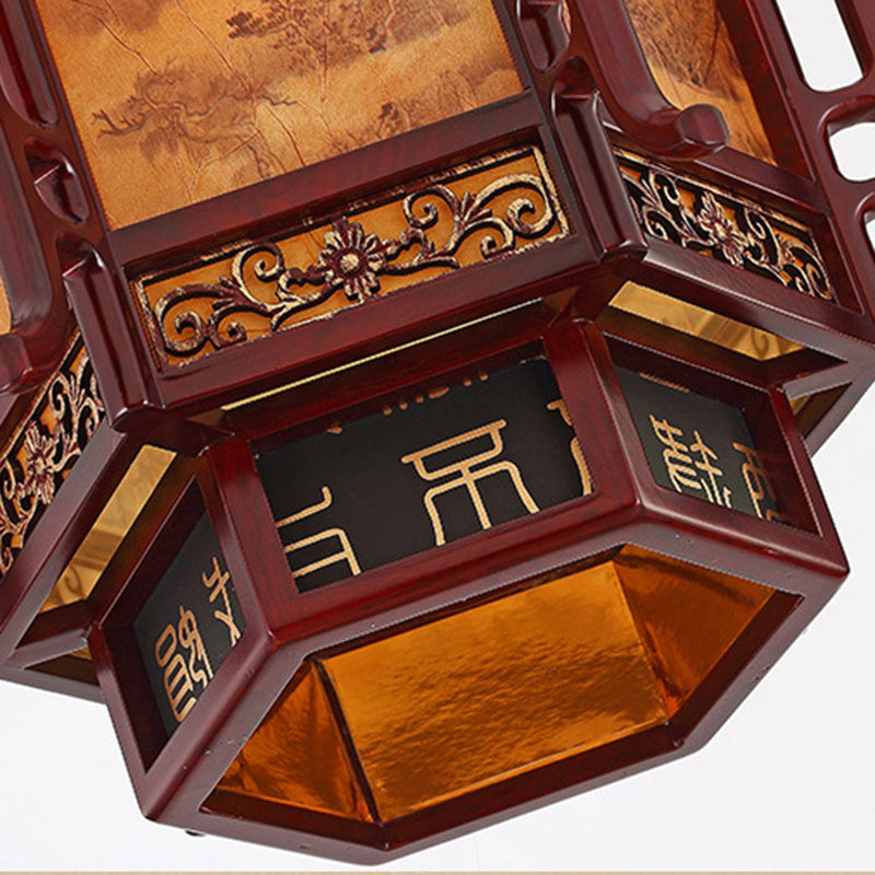 Traditional Chinese Lantern Pine Imitation Sheepskin Lampshade 1-Light Chandelier for Dining Room