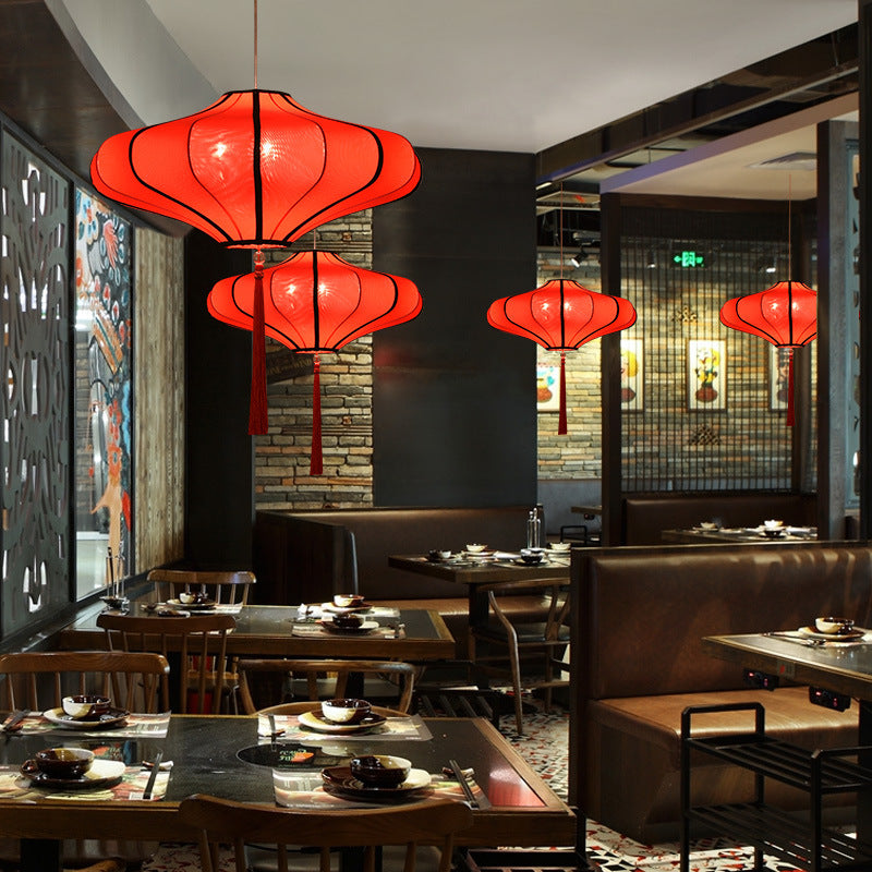 Traditional Chinese Lantern Fabric Lampshade Chandelier for Dining Room