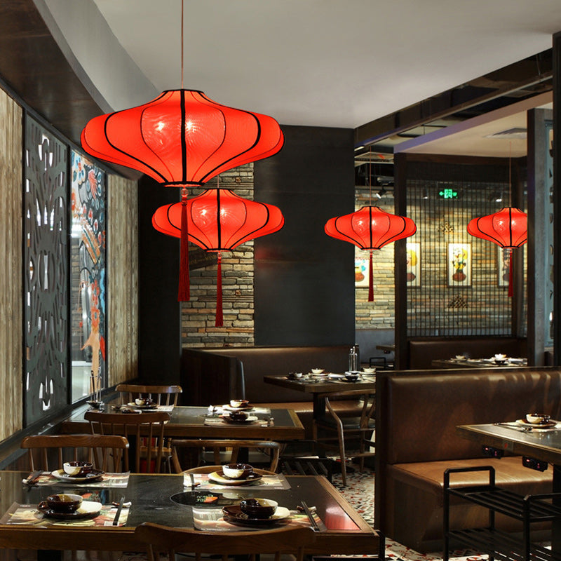 Traditional Chinese Lantern Fabric Lampshade Chandelier for Dining Room