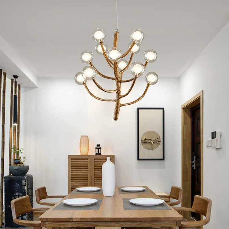 Traditional Japanese Dome Tree Branch Orbs Chandelier - 3/6/9/12/15 Light Polymer Glass for Dining Room