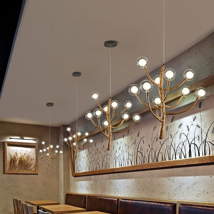 Traditional Japanese Dome Tree Branch Orbs Chandelier - 3/6/9/12/15 Light Polymer Glass for Dining Room