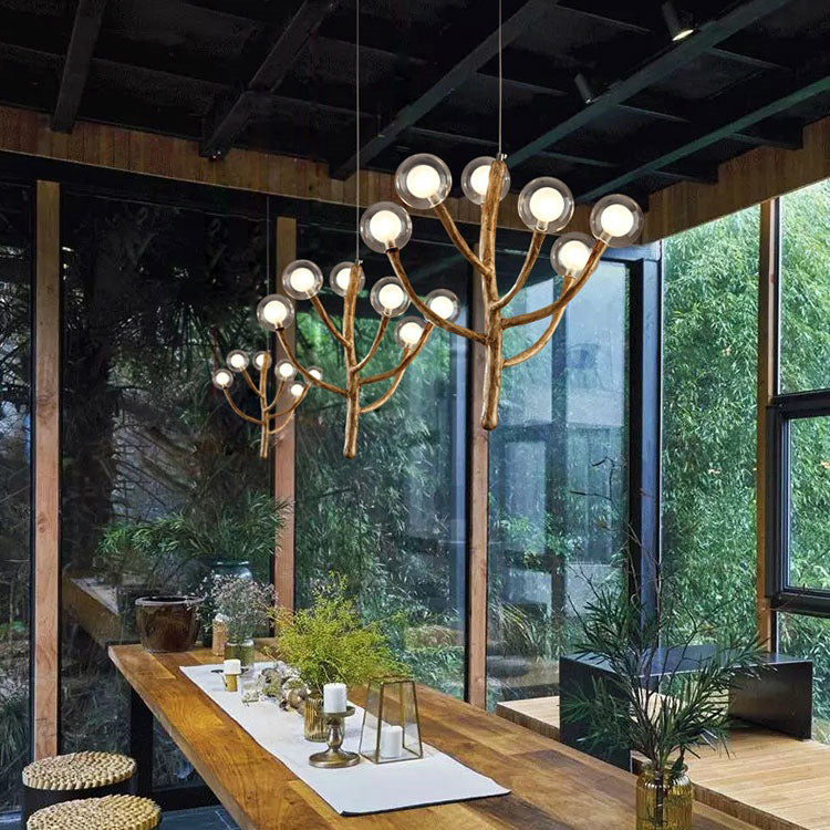 Traditional Japanese Dome Tree Branch Orbs Chandelier - 3/6/9/12/15 Light Polymer Glass for Dining Room