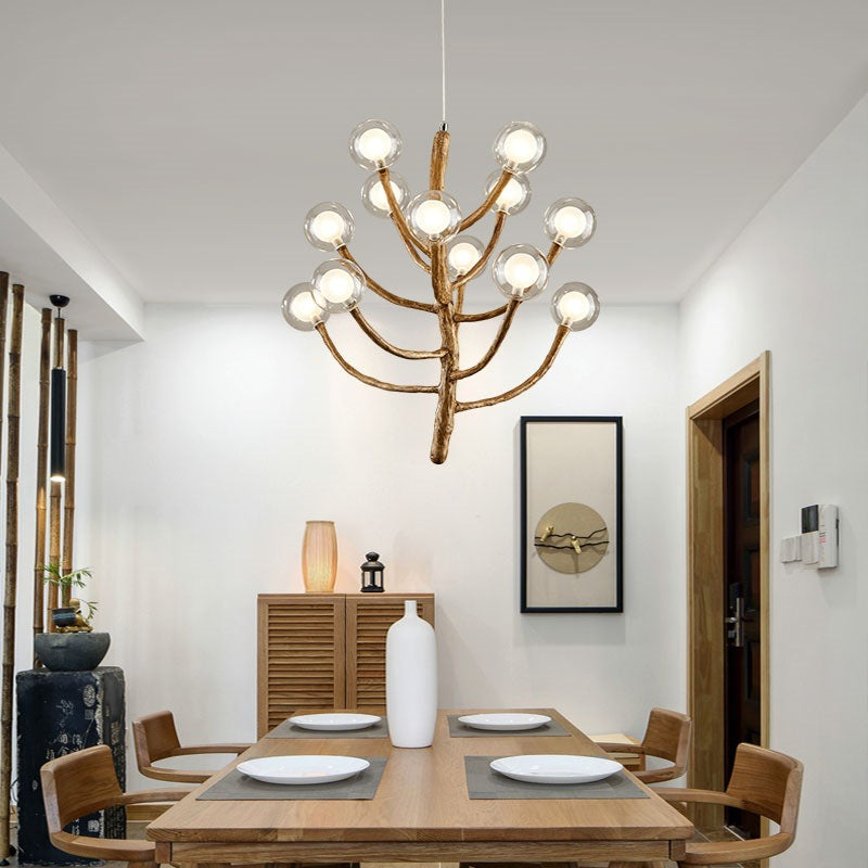 Traditional Japanese Dome Tree Branch Orbs Chandelier - 3/6/9/12/15 Light Polymer Glass for Dining Room