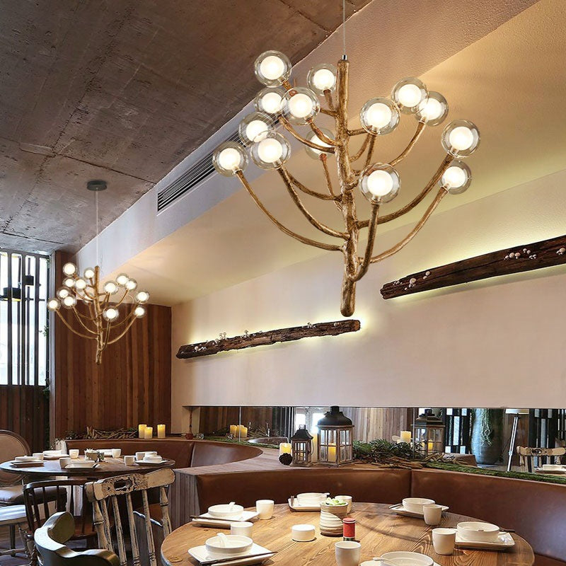 Traditional Japanese Dome Tree Branch Orbs Chandelier - 3/6/9/12/15 Light Polymer Glass for Dining Room