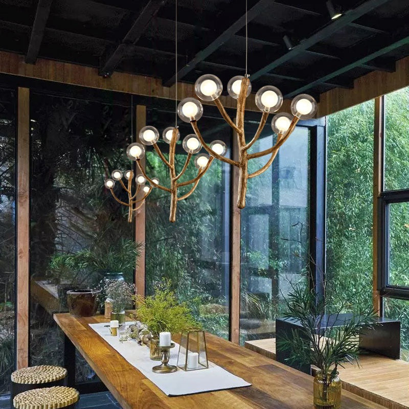 Traditional Japanese Dome Tree Branch Orbs Chandelier - 3/6/9/12/15 Light Polymer Glass for Dining Room