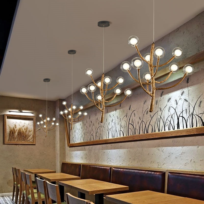 Traditional Japanese Dome Tree Branch Orbs Chandelier - 3/6/9/12/15 Light Polymer Glass for Dining Room