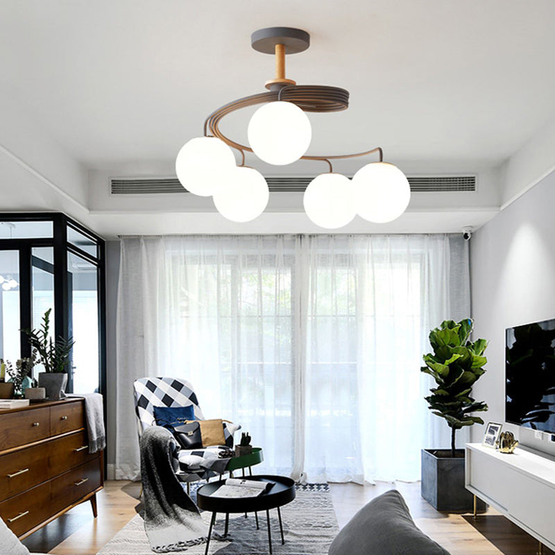 Contemporary Nordic Dome Chandelier - 3/5-Light Curved Design in Iron, Solid Wood, and Glass for Dining Room