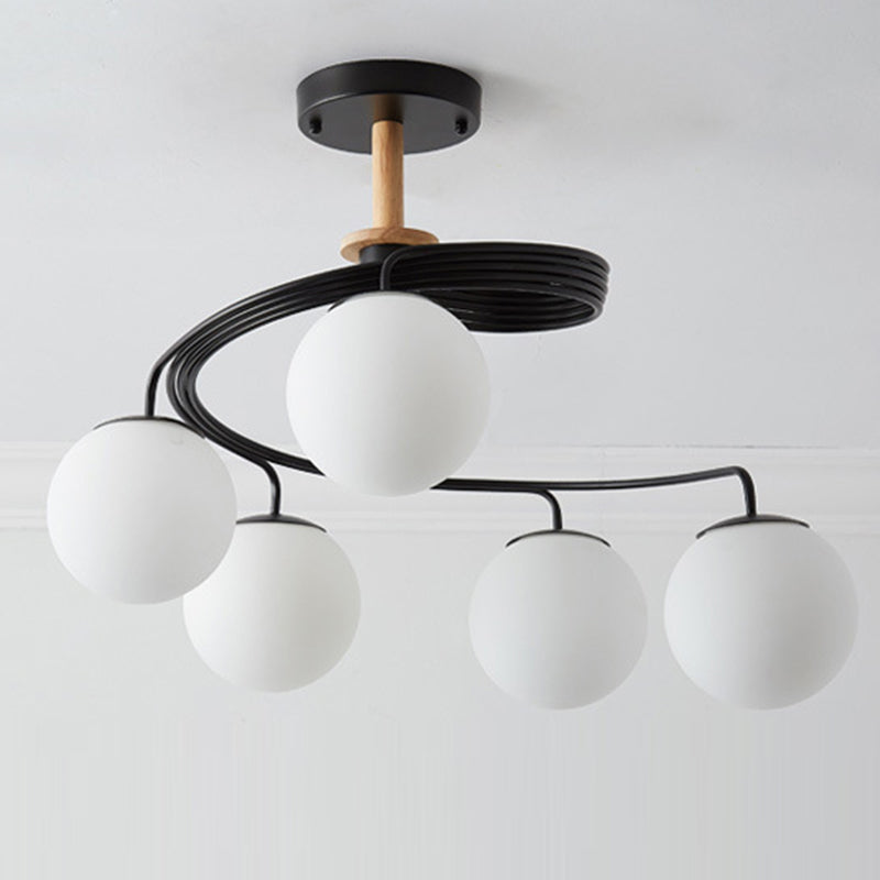 Contemporary Nordic Dome Chandelier - 3/5-Light Curved Design in Iron, Solid Wood, and Glass for Dining Room