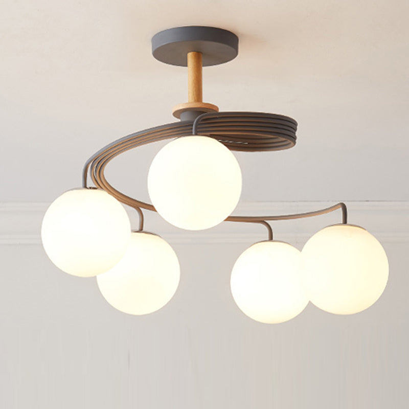 Contemporary Nordic Dome Chandelier - 3/5-Light Curved Design in Iron, Solid Wood, and Glass for Dining Room