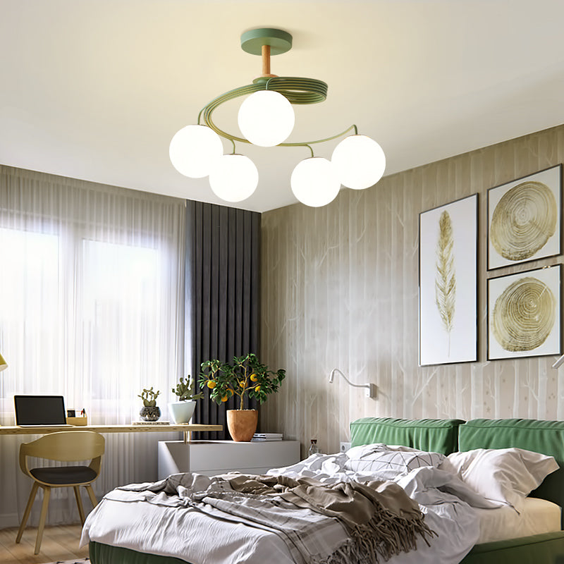 Contemporary Nordic Dome Chandelier - 3/5-Light Curved Design in Iron, Solid Wood, and Glass for Dining Room