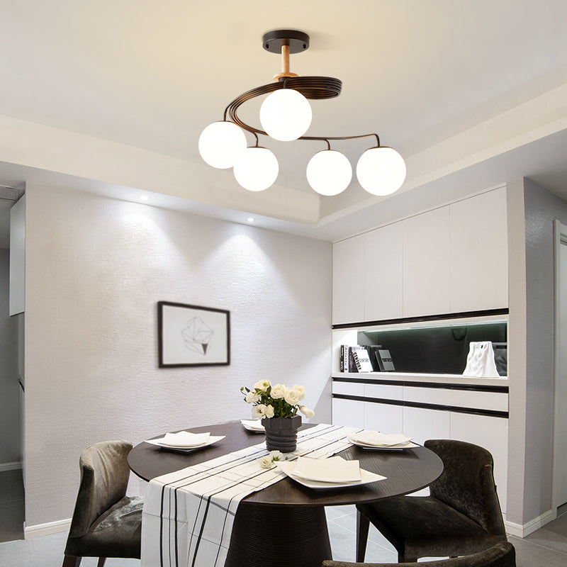 Contemporary Nordic Dome Chandelier - 3/5-Light Curved Design in Iron, Solid Wood, and Glass for Dining Room
