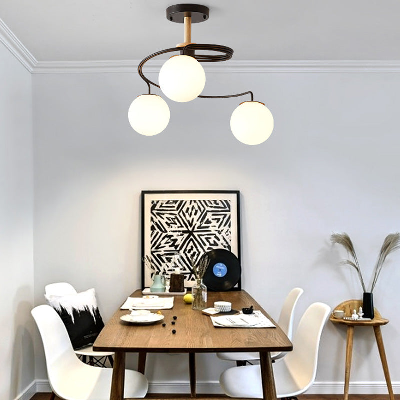 Contemporary Nordic Dome Chandelier - 3/5-Light Curved Design in Iron, Solid Wood, and Glass for Dining Room