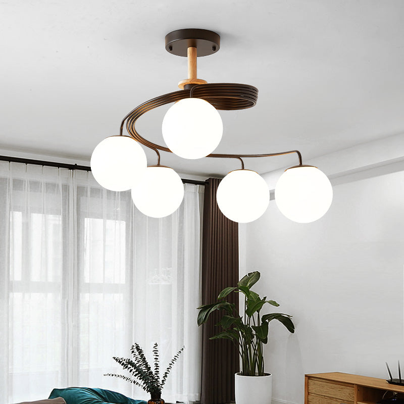 Contemporary Nordic Dome Chandelier - 3/5-Light Curved Design in Iron, Solid Wood, and Glass for Dining Room
