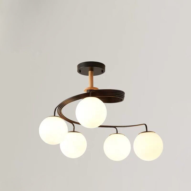 Contemporary Nordic Dome Chandelier - 3/5-Light Curved Design in Iron, Solid Wood, and Glass for Dining Room