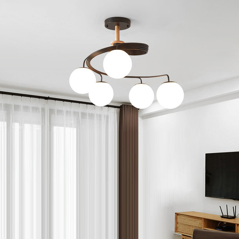 Contemporary Nordic Dome Chandelier - 3/5-Light Curved Design in Iron, Solid Wood, and Glass for Dining Room