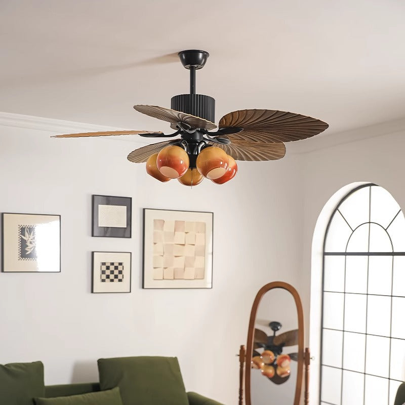 Traditional French Banana Leaves Ceiling Fan Light - Iron 5-Light Round Glass Shade for Living Room
