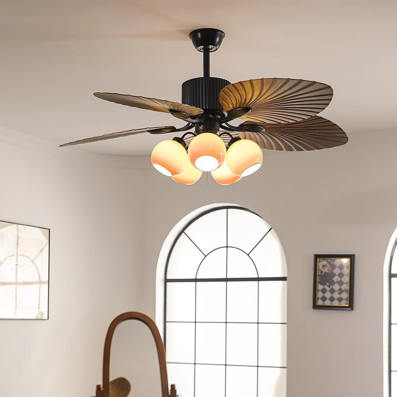 Traditional French Banana Leaves Ceiling Fan Light - Iron 5-Light Round Glass Shade for Living Room