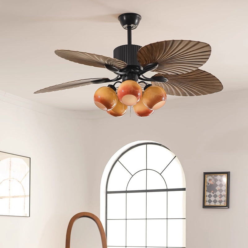 Traditional French Banana Leaves Ceiling Fan Light - Iron 5-Light Round Glass Shade for Living Room