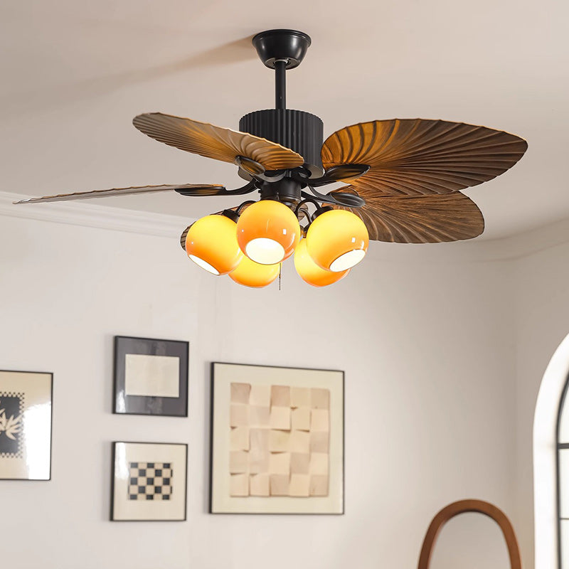 Traditional French Banana Leaves Ceiling Fan Light - Iron 5-Light Round Glass Shade for Living Room