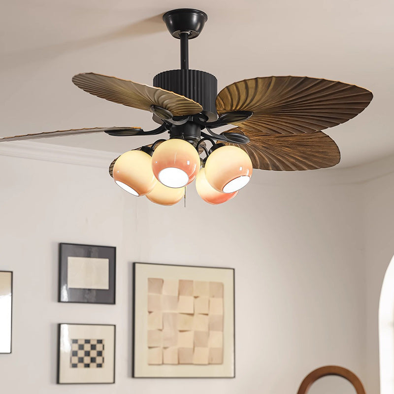 Traditional French Banana Leaves Ceiling Fan Light - Iron 5-Light Round Glass Shade for Living Room