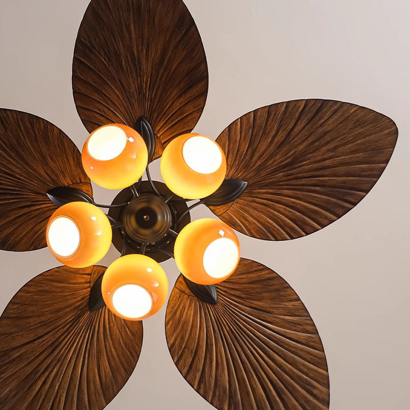 Traditional French Banana Leaves Ceiling Fan Light - Iron 5-Light Round Glass Shade for Living Room