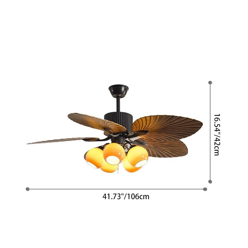 Traditional French Banana Leaves Ceiling Fan Light - Iron 5-Light Round Glass Shade for Living Room