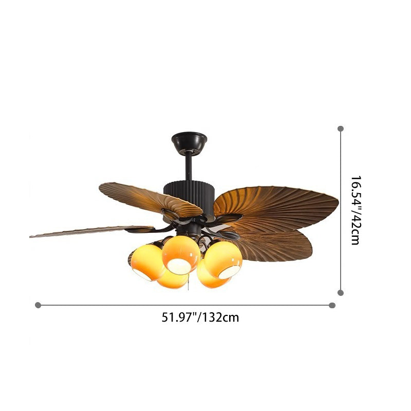 Traditional French Banana Leaves Ceiling Fan Light - Iron 5-Light Round Glass Shade for Living Room