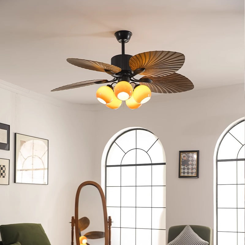 Traditional French Banana Leaves Ceiling Fan Light - Iron 5-Light Round Glass Shade for Living Room