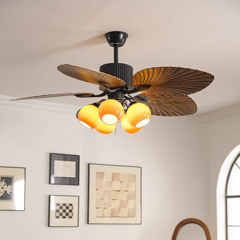 Traditional French Banana Leaves Ceiling Fan Light - Iron 5-Light Round Glass Shade for Living Room