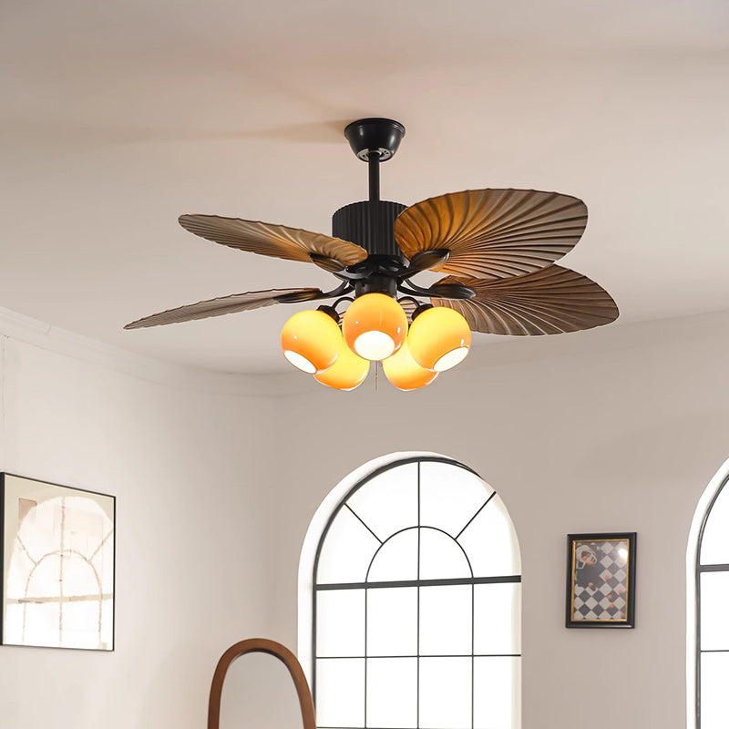 Traditional French Banana Leaves Ceiling Fan Light - Iron 5-Light Round Glass Shade for Living Room