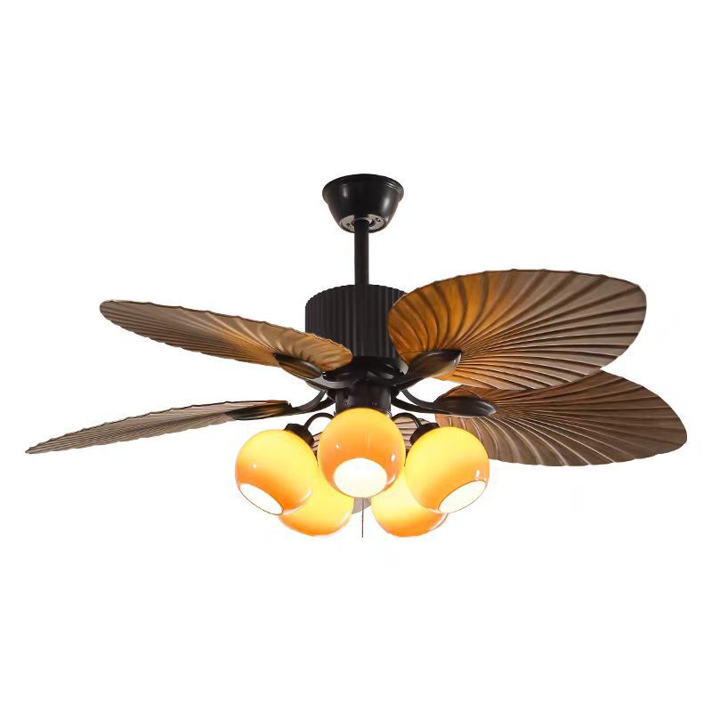 Traditional French Banana Leaves Ceiling Fan Light - Iron 5-Light Round Glass Shade for Living Room