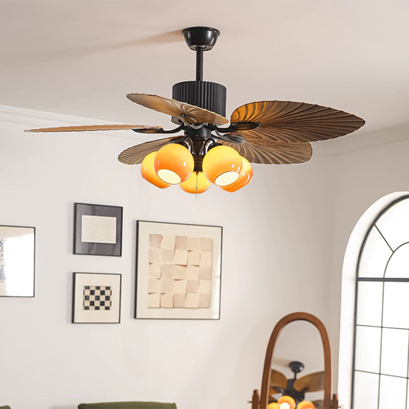 Traditional French Banana Leaves Ceiling Fan Light - Iron 5-Light Round Glass Shade for Living Room