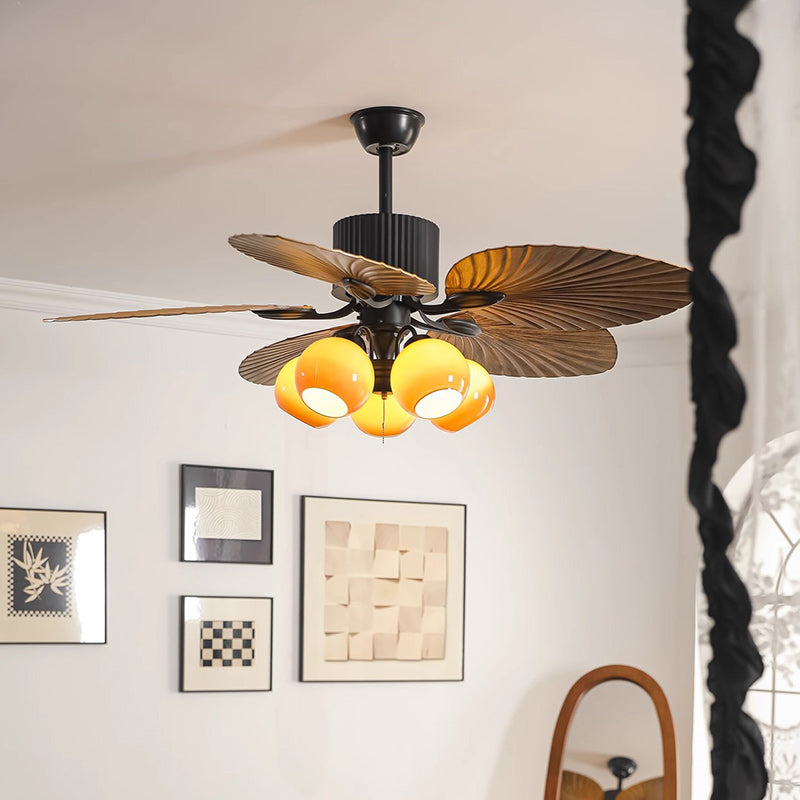 Traditional French Banana Leaves Ceiling Fan Light - Iron 5-Light Round Glass Shade for Living Room