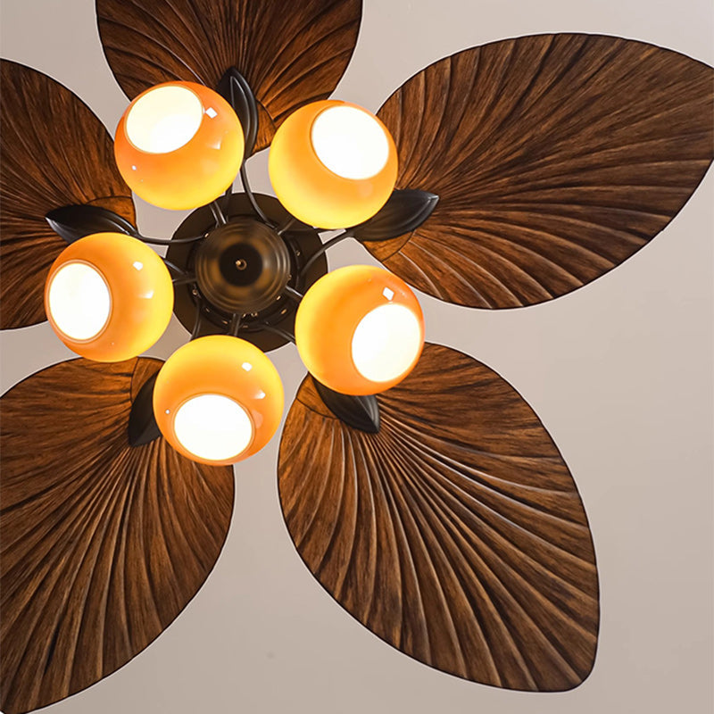 Traditional French Banana Leaves Ceiling Fan Light - Iron 5-Light Round Glass Shade for Living Room