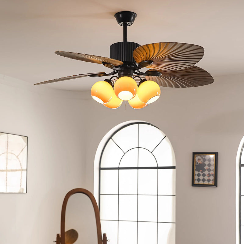 Traditional French Banana Leaves Ceiling Fan Light - Iron 5-Light Round Glass Shade for Living Room