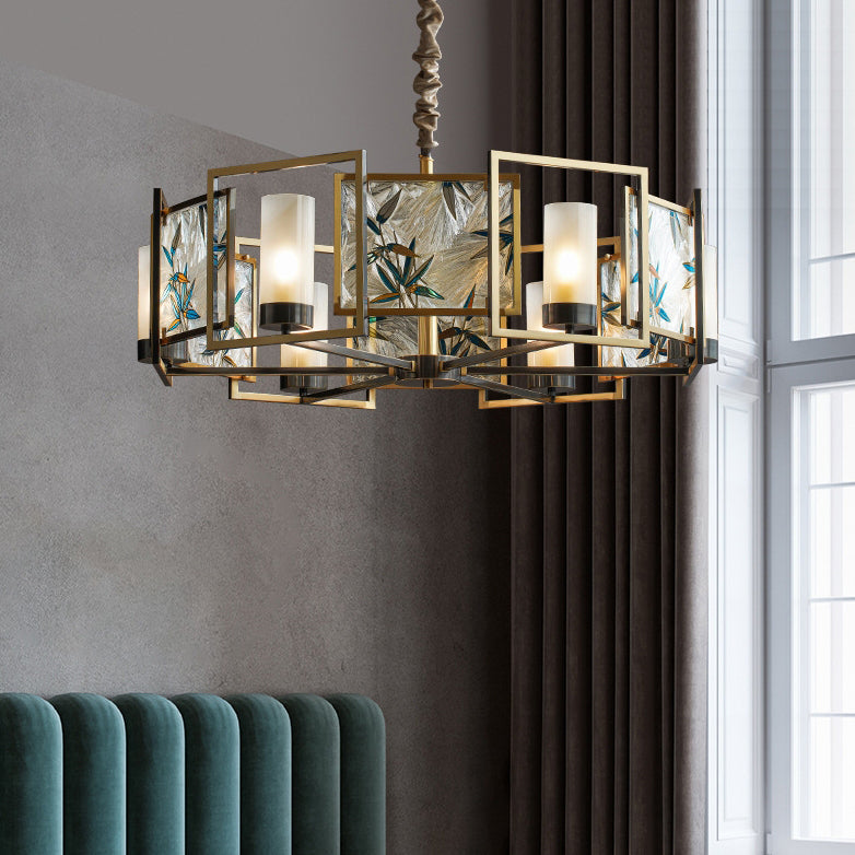 Traditional Chinese Dome Block Enamel Iron Copper Glass 6-Light Chandelier Dining Room Fixture