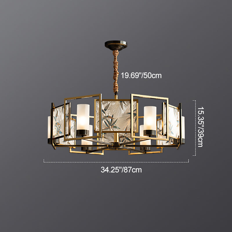 Traditional Chinese Dome Block Enamel Iron Copper Glass 6-Light Chandelier Dining Room Fixture