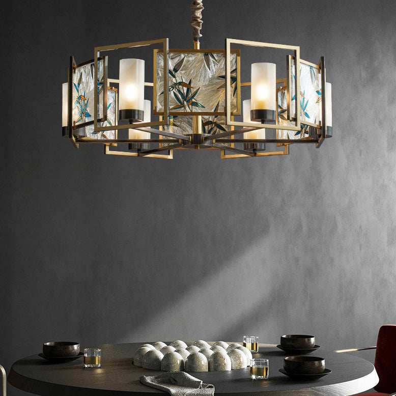 Traditional Chinese Dome Block Enamel Iron Copper Glass 6-Light Chandelier Dining Room Fixture