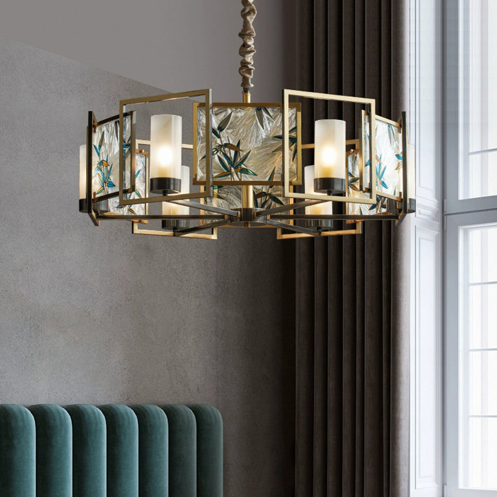 Traditional Chinese Dome Block Enamel Iron Copper Glass 6-Light Chandelier Dining Room Fixture