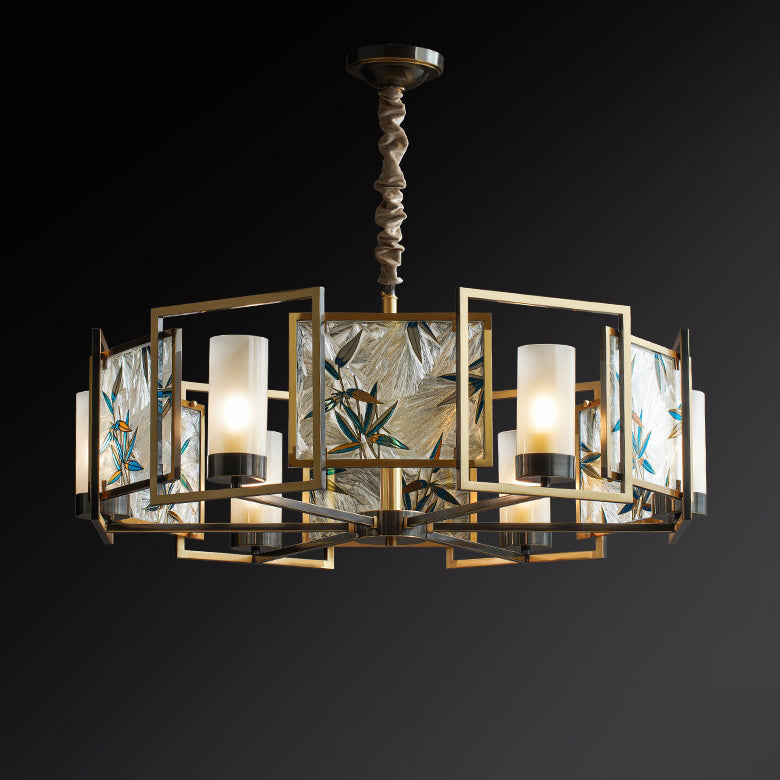 Traditional Chinese Dome Block Enamel Iron Copper Glass 6-Light Chandelier Dining Room Fixture